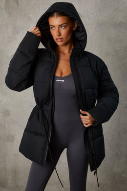 Mid Length Hooded Puffer Coat in Black