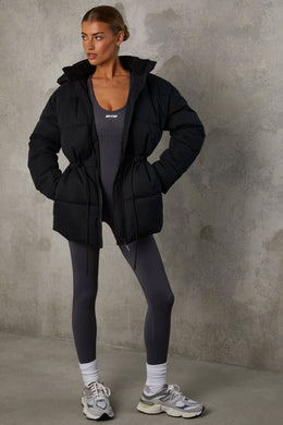 Mid Length Hooded Puffer Coat in Black