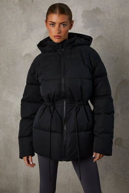 Mid Length Hooded Puffer Coat in Black