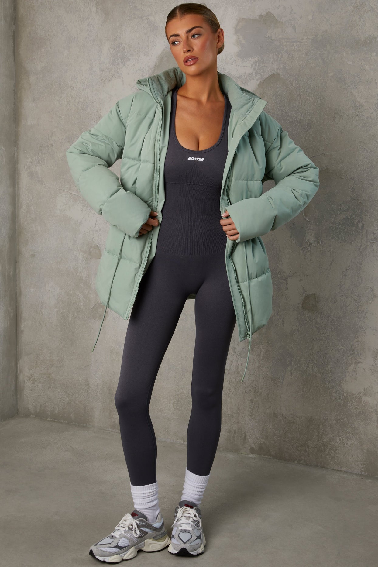 Mid Length Hooded Puffer Coat in Iceberg Green - Main Image