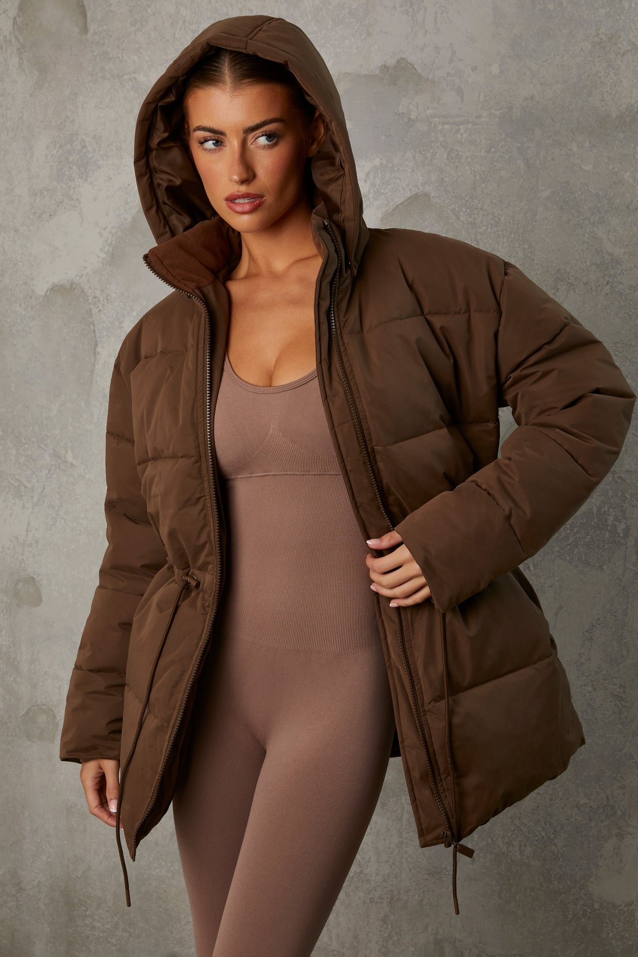 Mid Length Hooded Puffer Coat in Cocoa Brown - Main Image