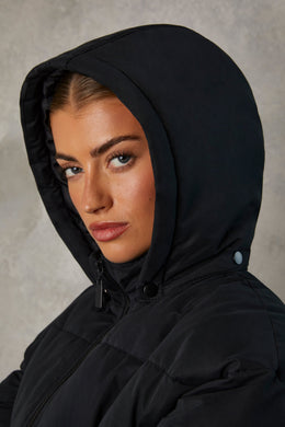 Mid Length Hooded Puffer Coat in Black