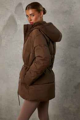 Mid Length Hooded Puffer Coat in Cocoa Brown