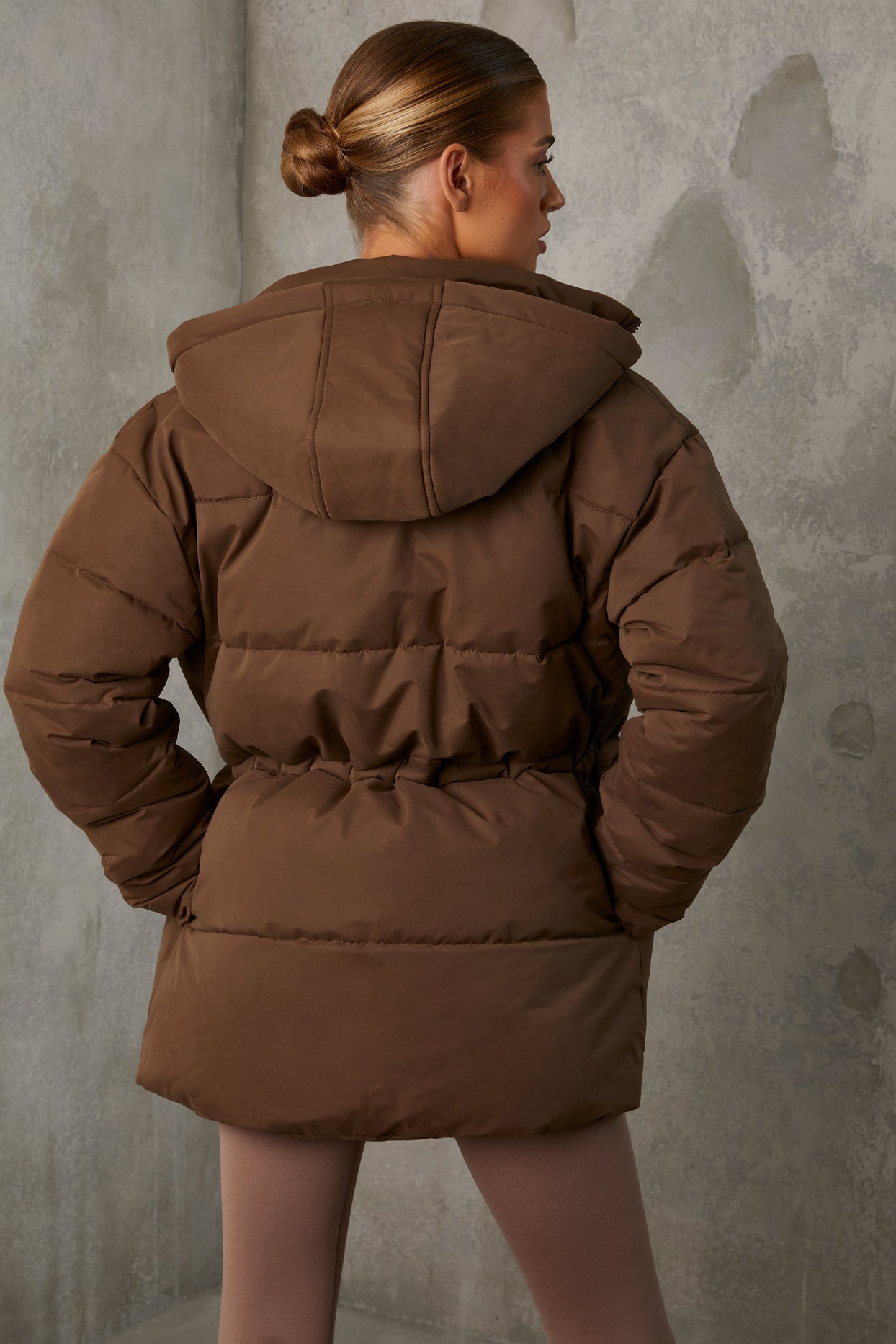 Mid Length Hooded Puffer Coat in Cocoa Brown1