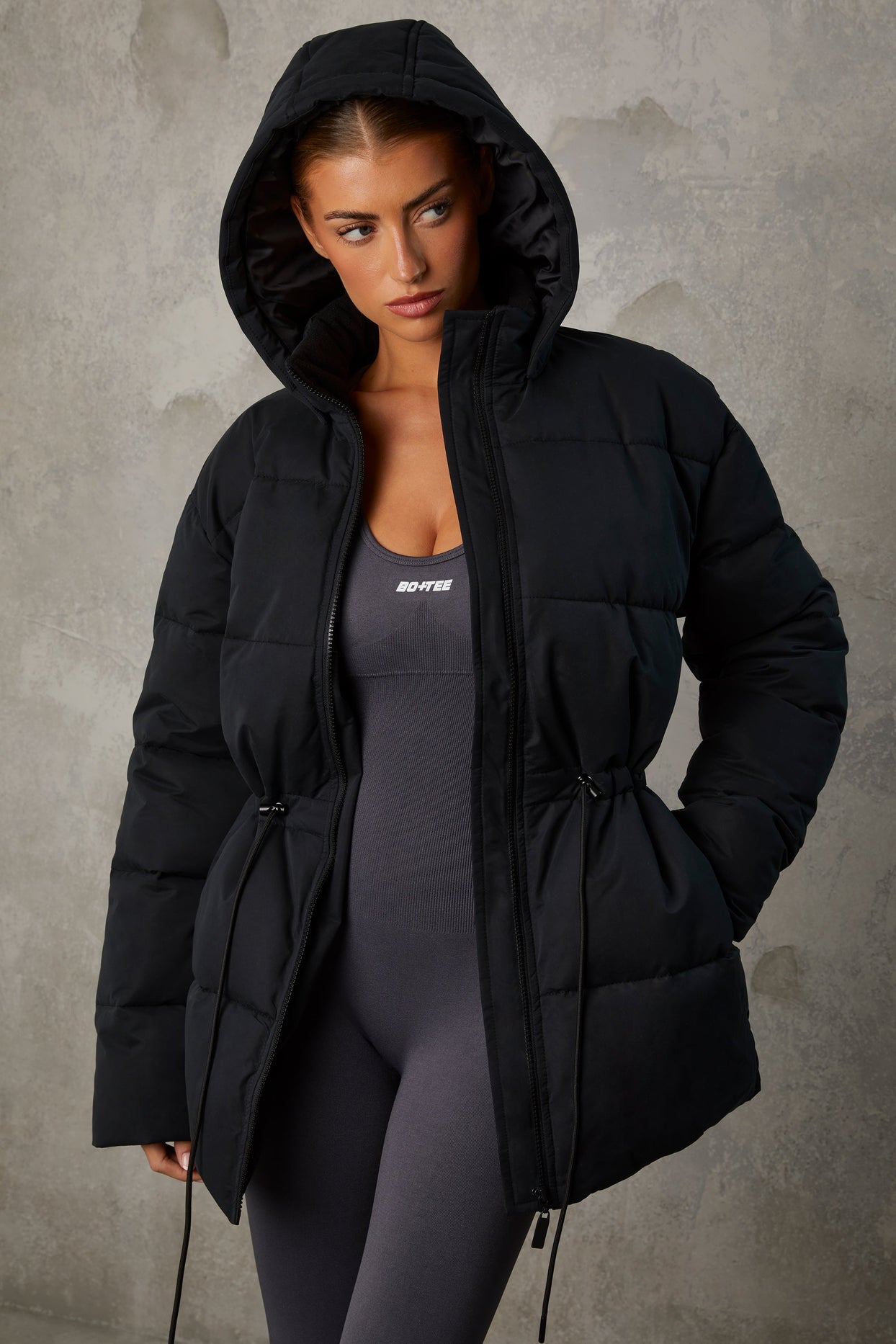 Mid Length Hooded Puffer Coat in Black