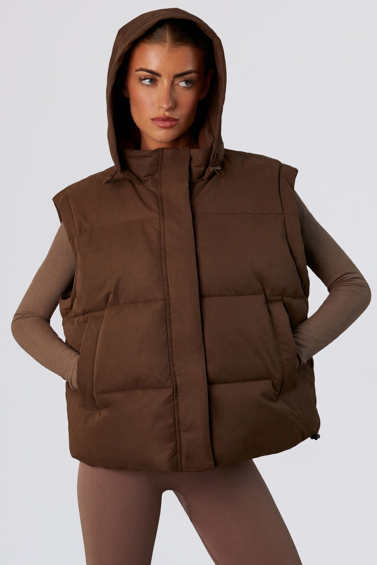 Cropped Puffer Jacket with Detachable Sleeves in Cocoa Brown - 10