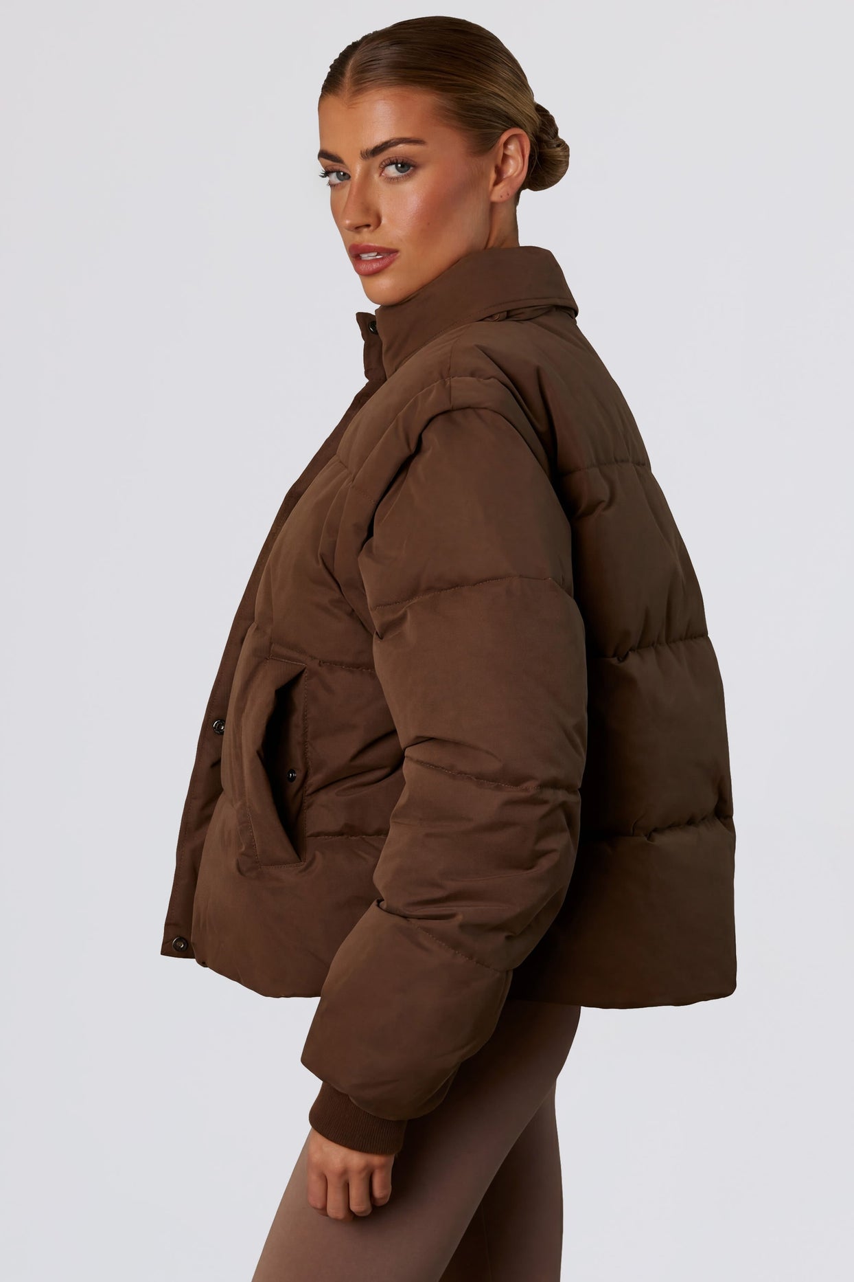 Cropped Puffer Jacket with Detachable Sleeves in Cocoa Brown - 3