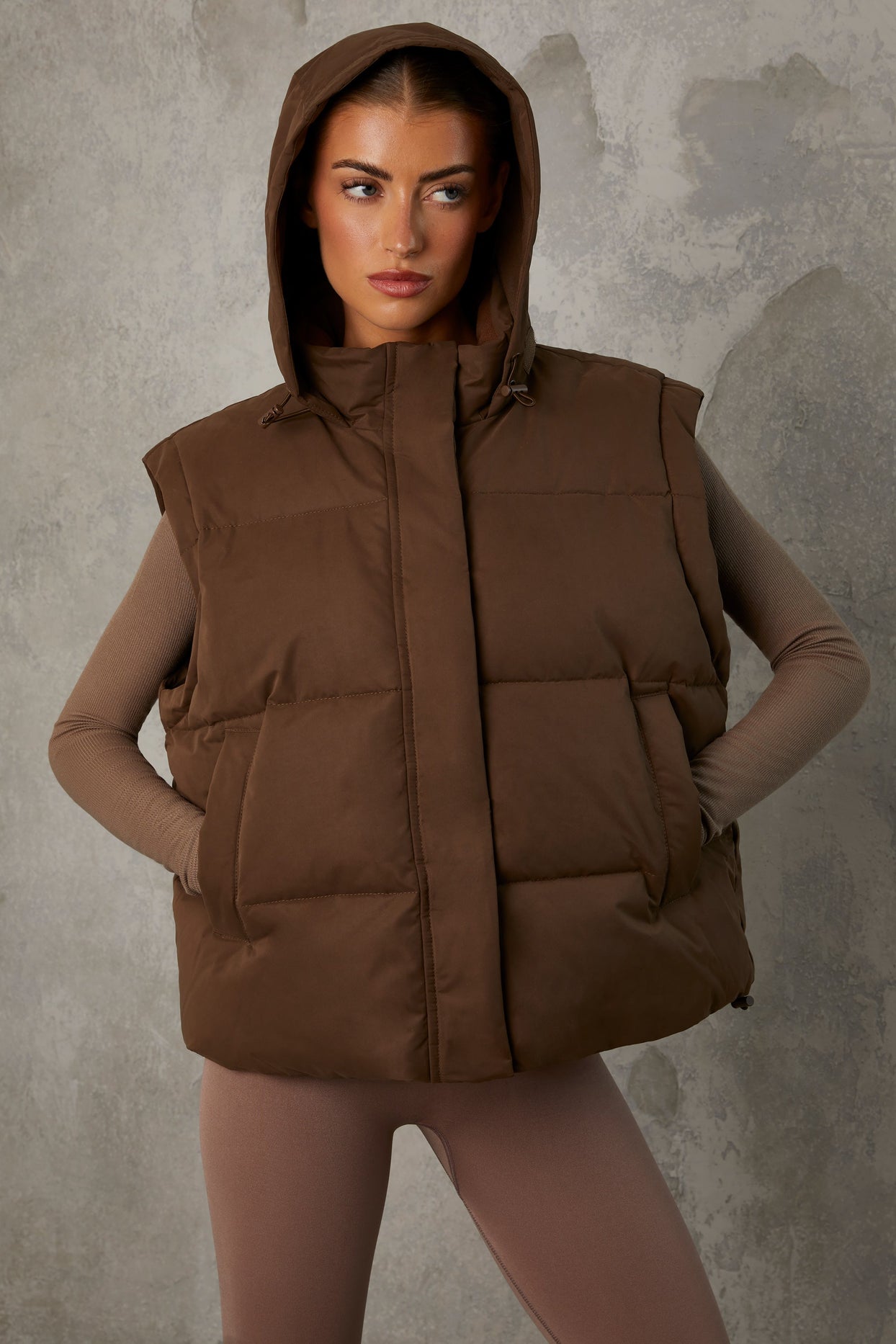 Cropped Puffer Jacket with Detachable Sleeves in Cocoa Brown