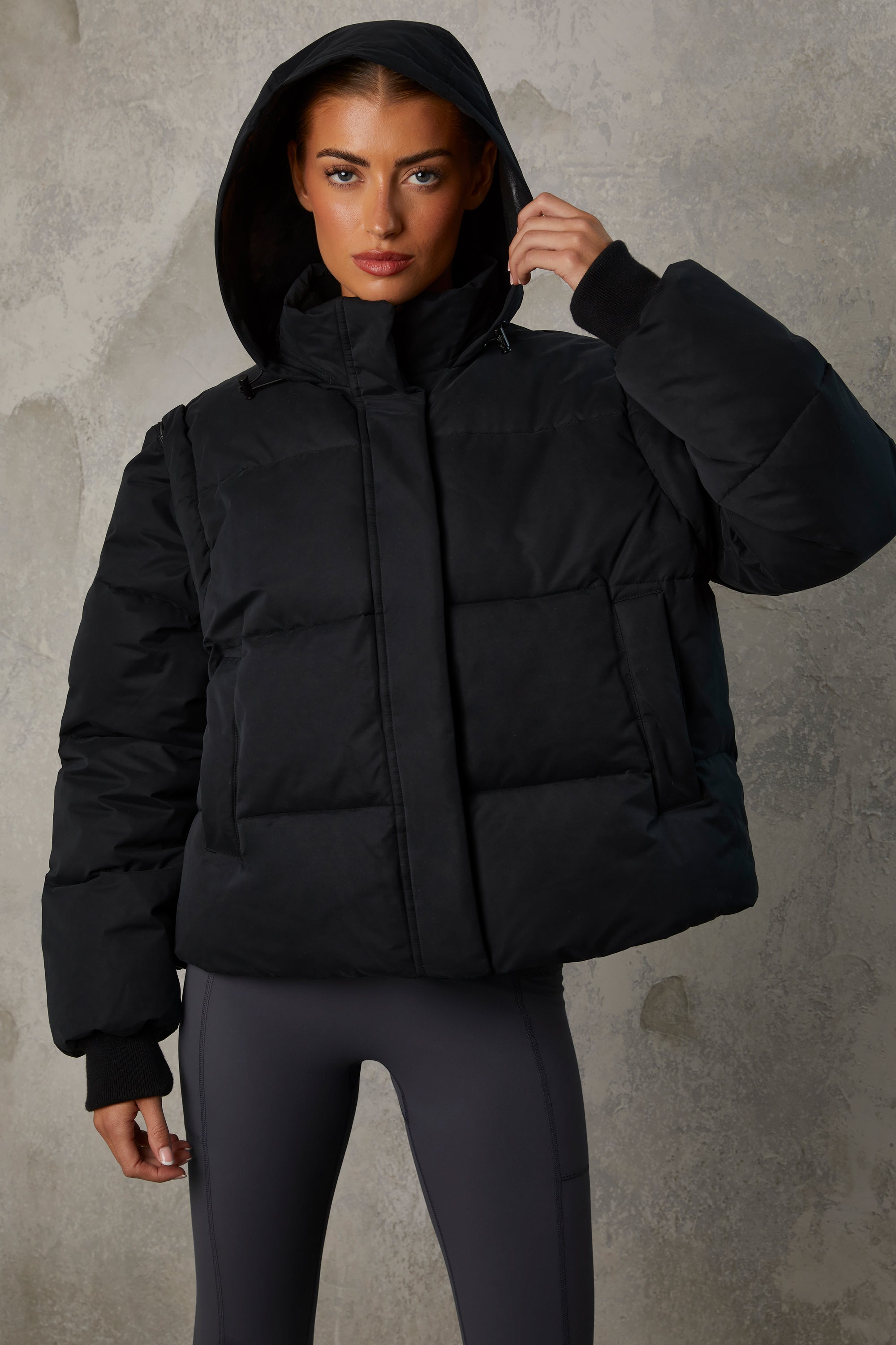 Cropped Puffer Jacket with Detachable Sleeves in Black