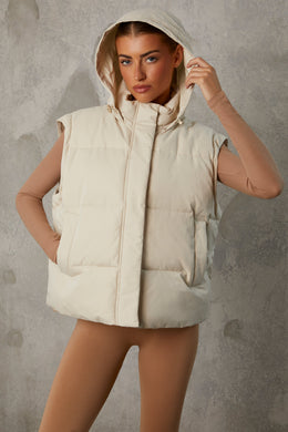 Cropped Puffer Jacket with Detachable Sleeves in Sand