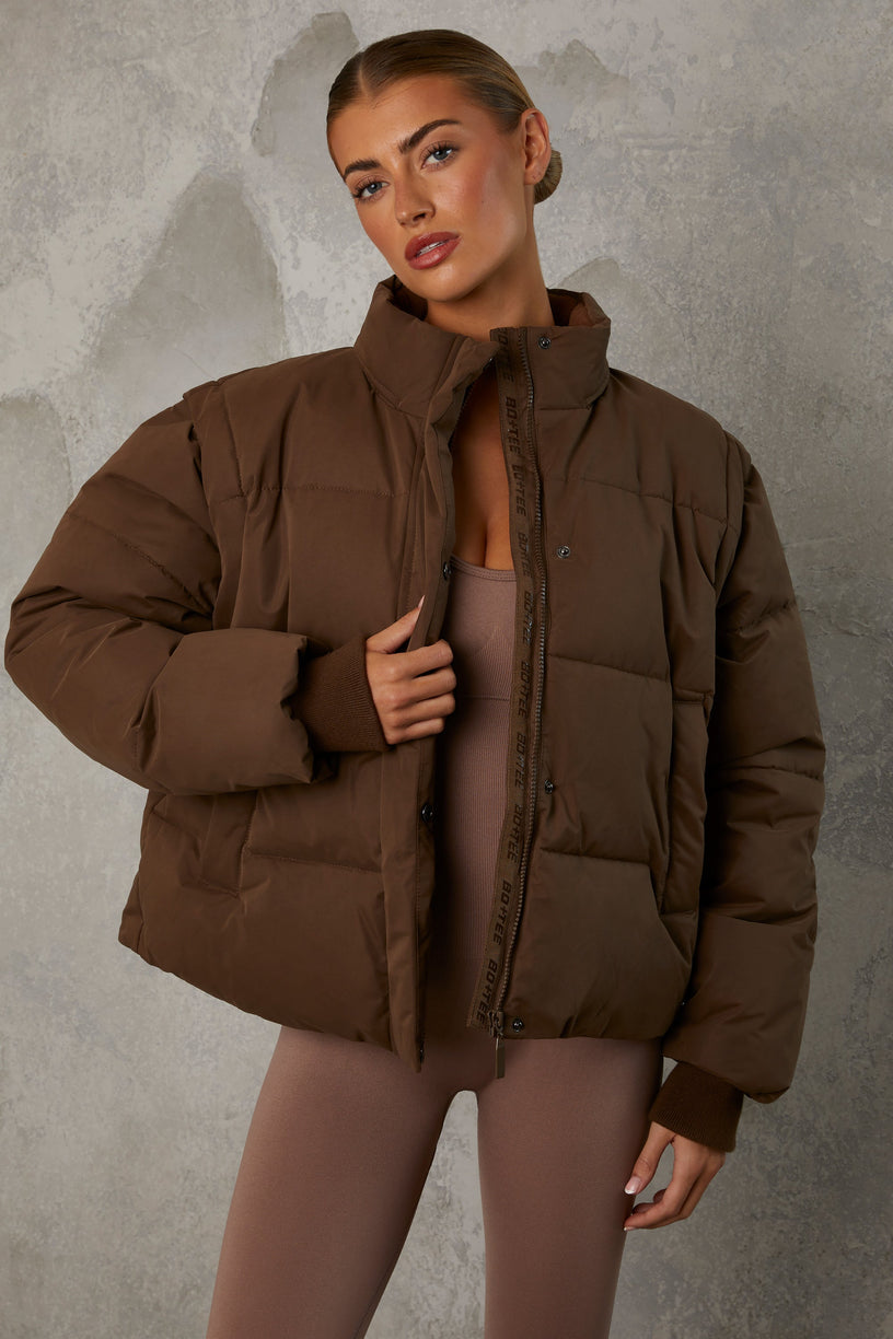 Cropped Puffer Jacket with Detachable Sleeves in Cocoa Brown - 1