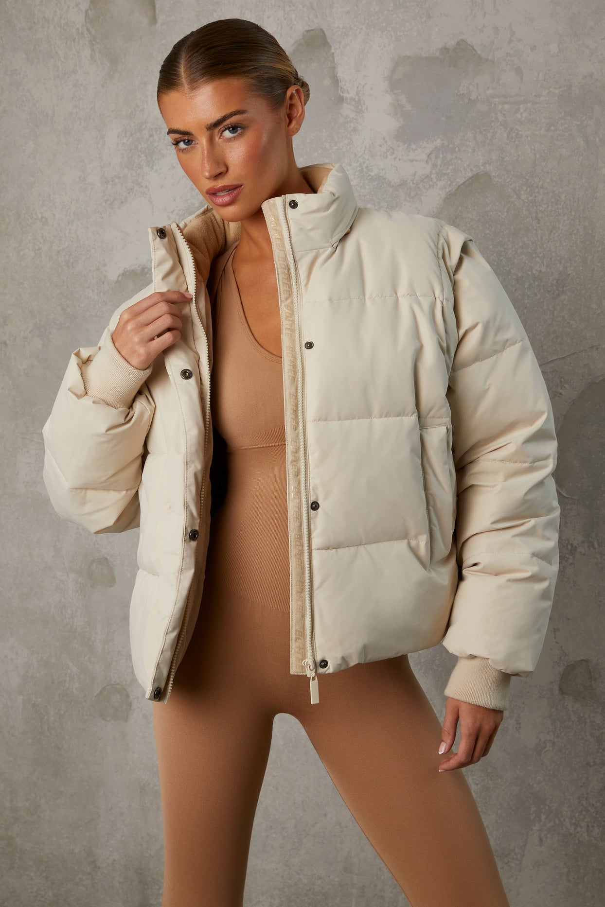 Cropped Puffer Jacket with Detachable Sleeves in Sand