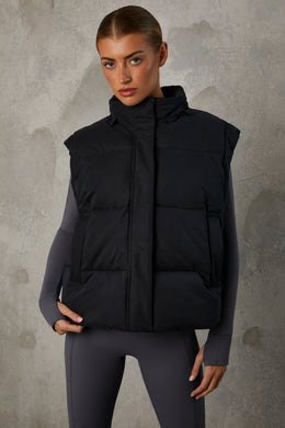 Cropped Puffer Jacket with Detachable Sleeves in Black