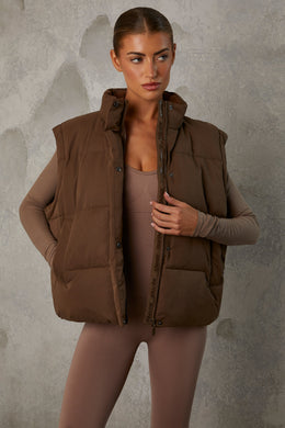 Cropped Puffer Jacket with Detachable Sleeves in Cocoa Brown