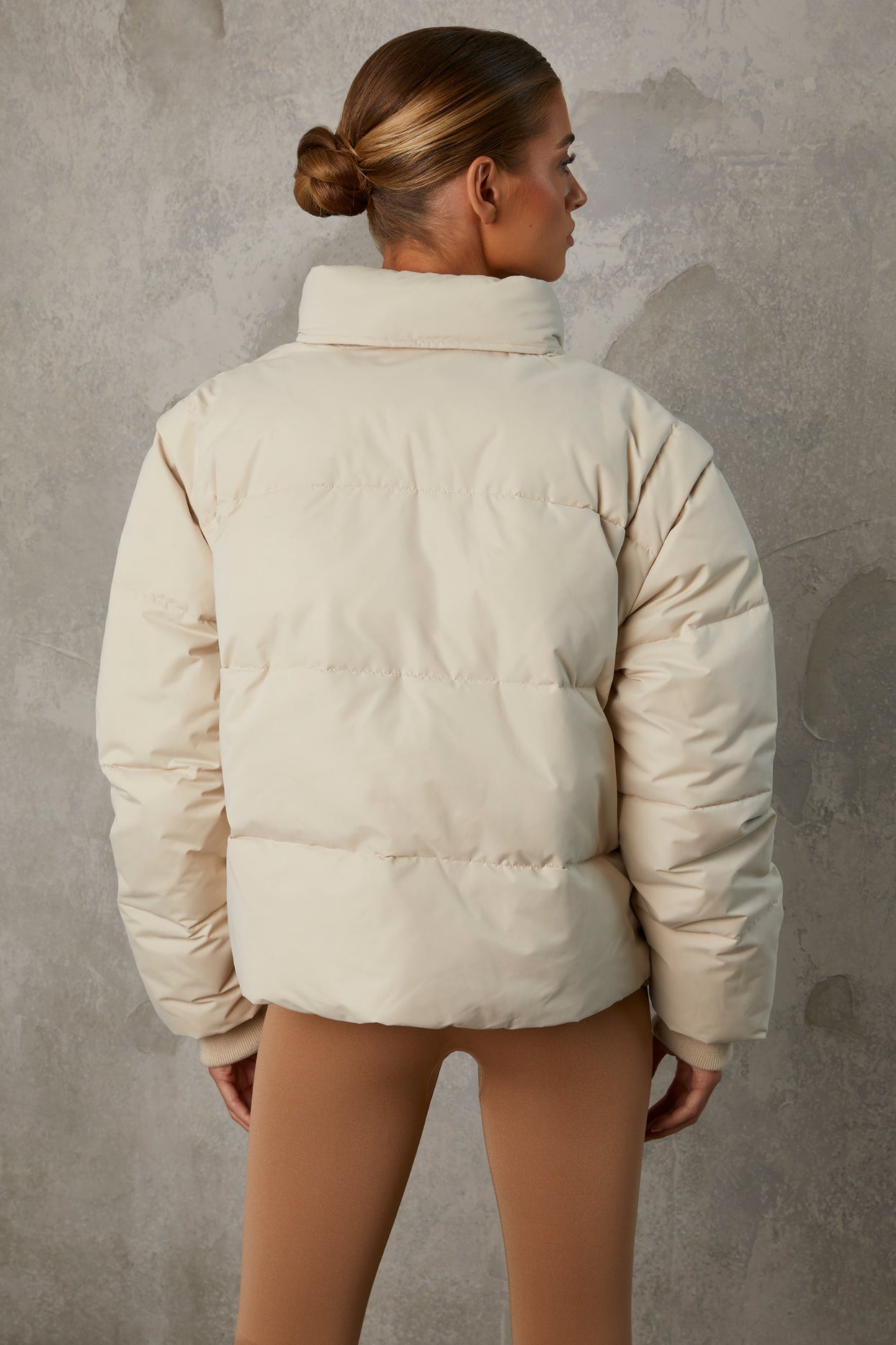 Essential Cropped Puffer Jacket with Detachable Sleeves in Sand