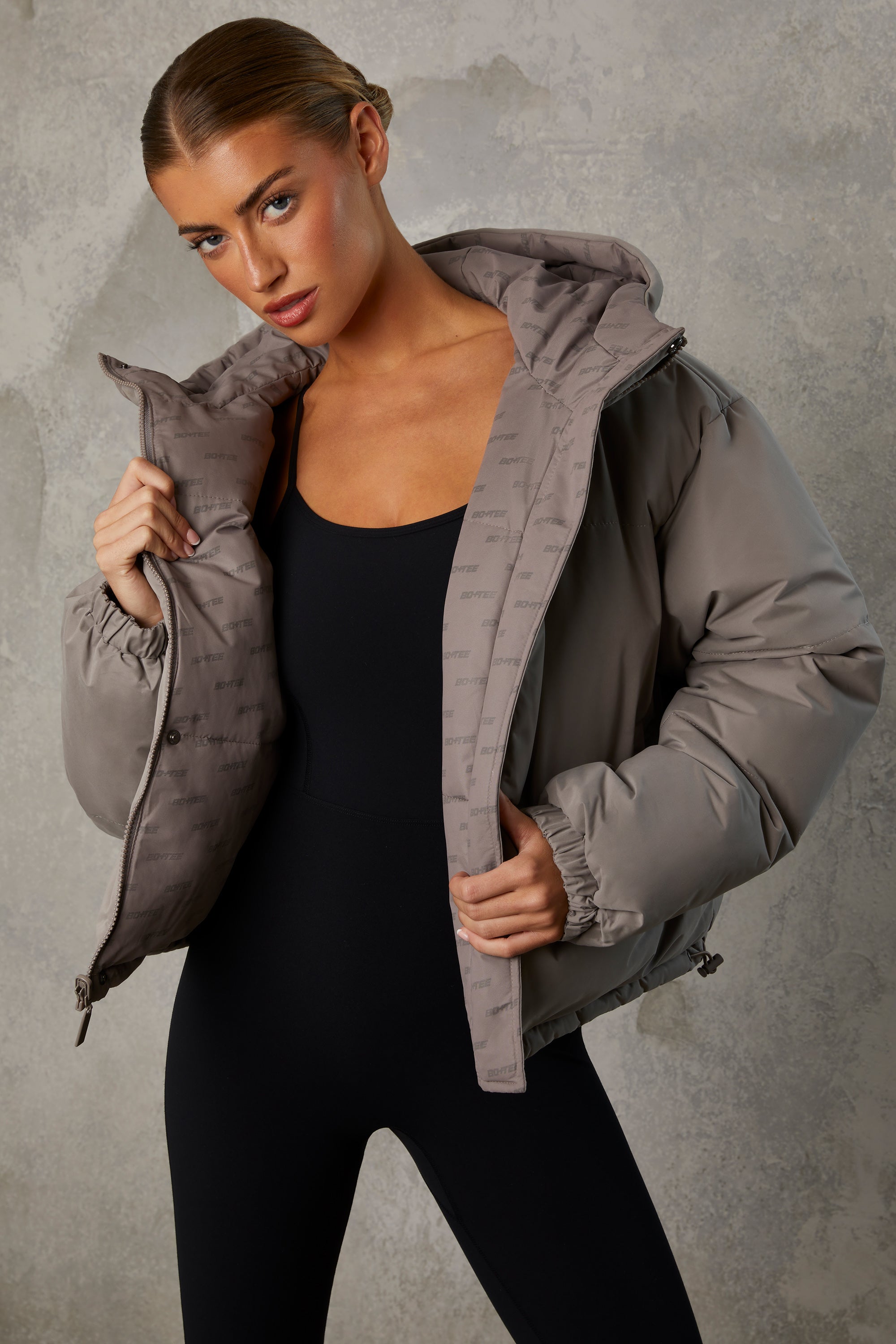 Layer Up Reversible Hooded Puffer Jacket in Warm Grey Oh Polly