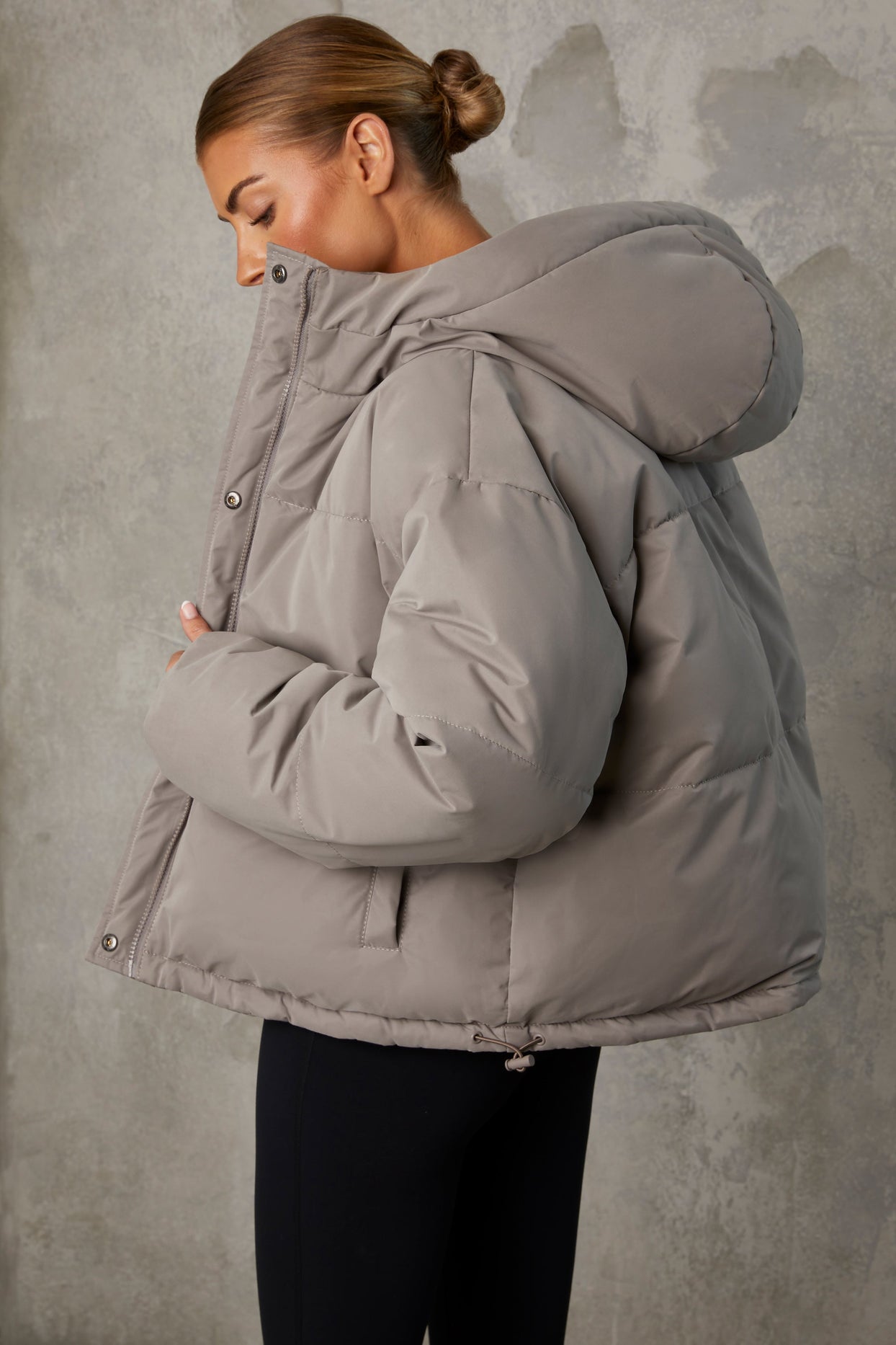 Layer Up Reversible Hooded Puffer Jacket in Warm Grey Oh Polly