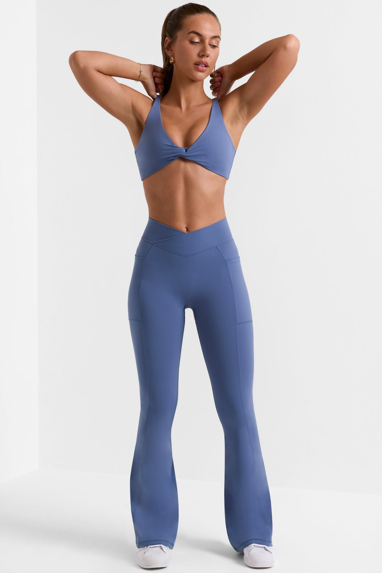 Cross Waistband Flare Pocket Leggings in Slate Blue