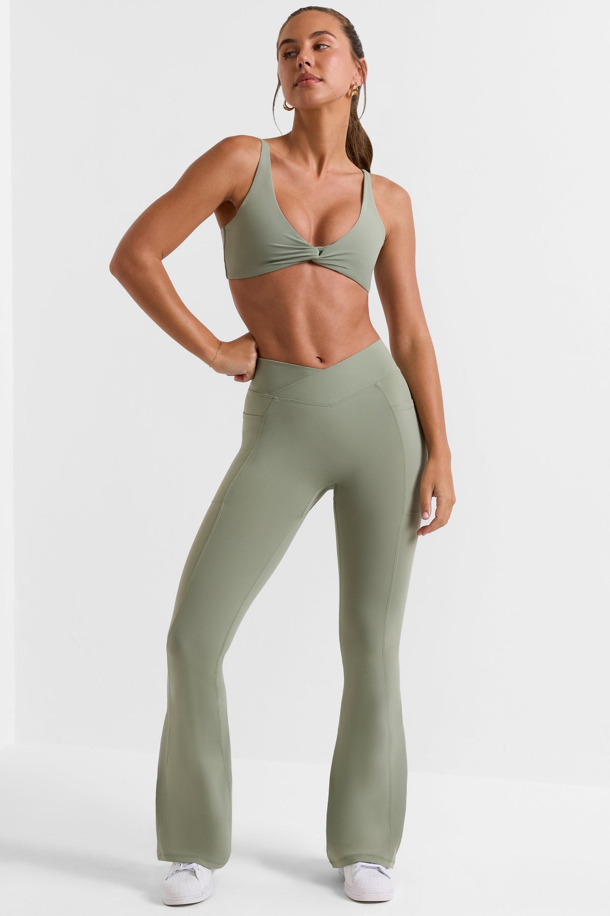 Petite Cross Waistband Flare Pocket Leggings in Bamboo Green