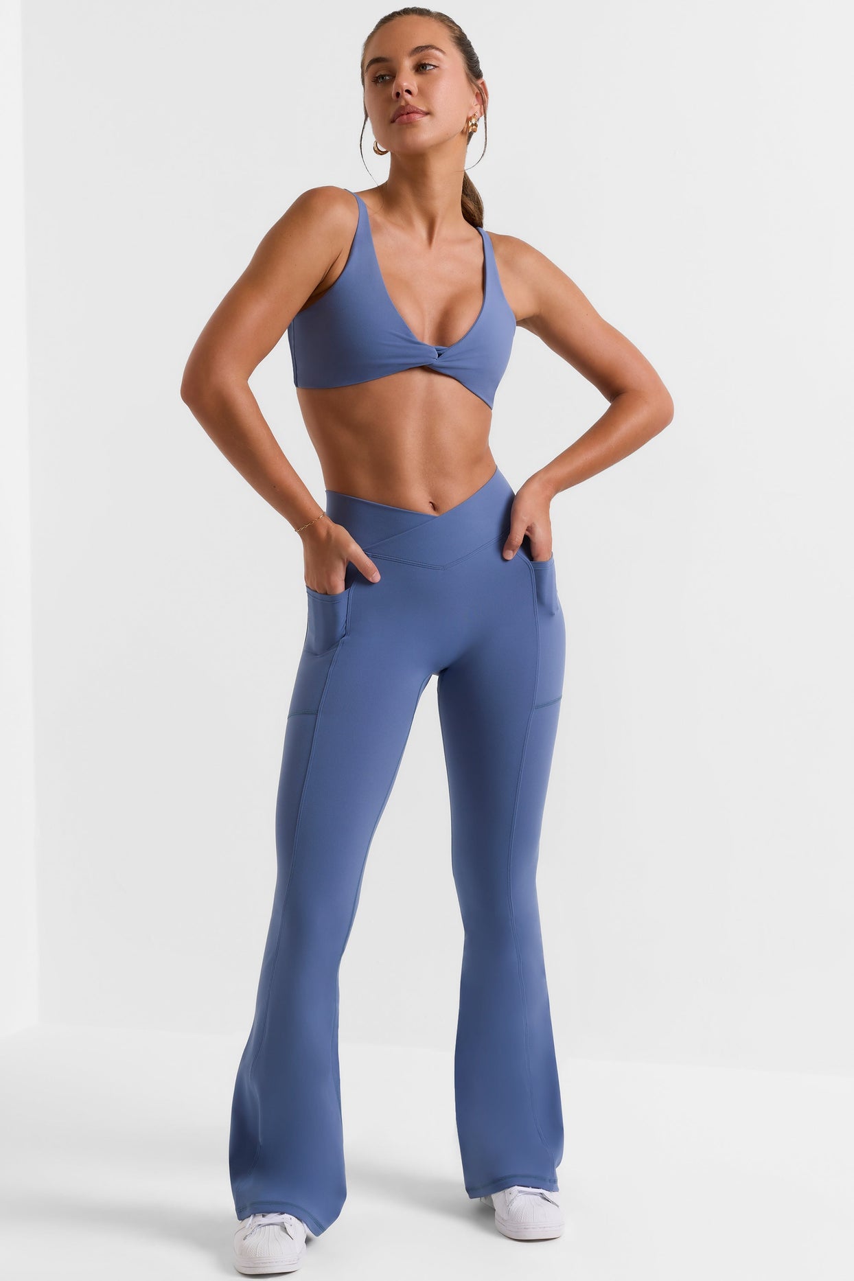 Cross Waistband Flare Pocket Leggings in Slate Blue