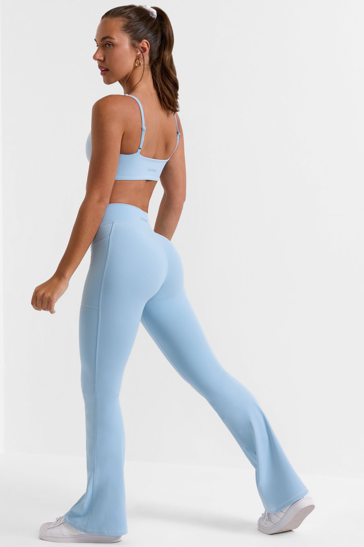 Cross Waistband Flare Pocket Leggings in Ice Blue