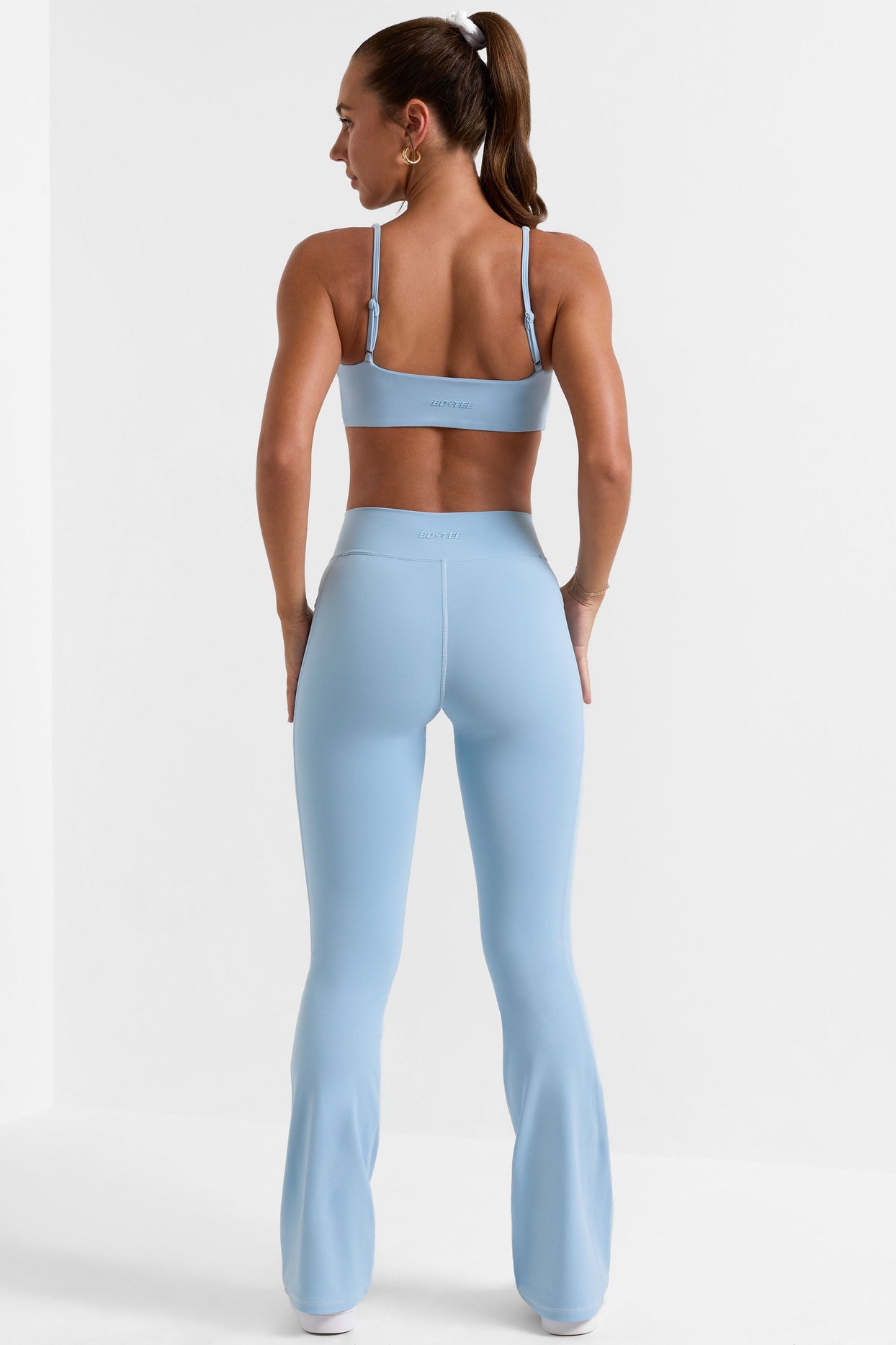 Petite Cross Waistband Flare Pocket Leggings in Ice Blue