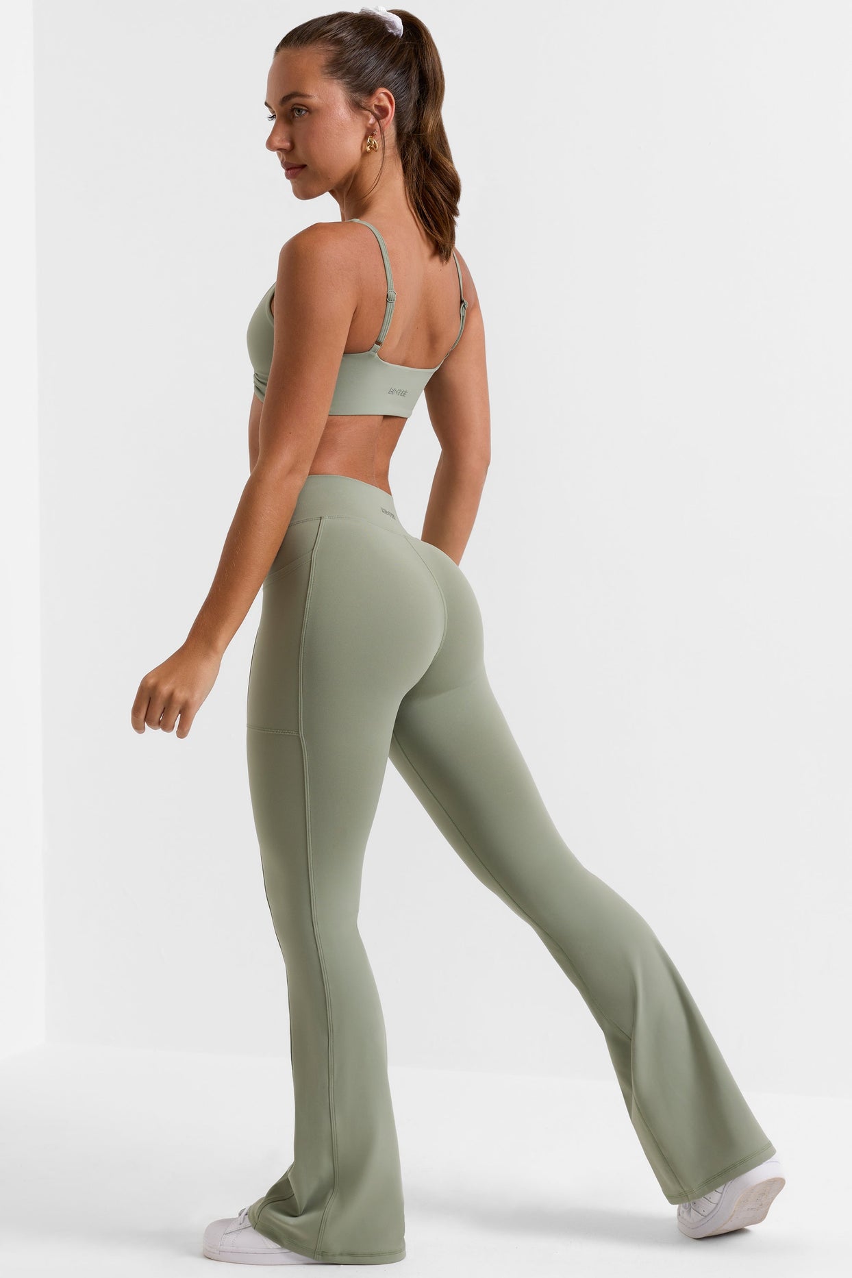 Petite Cross Waistband Flare Pocket Leggings in Bamboo Green