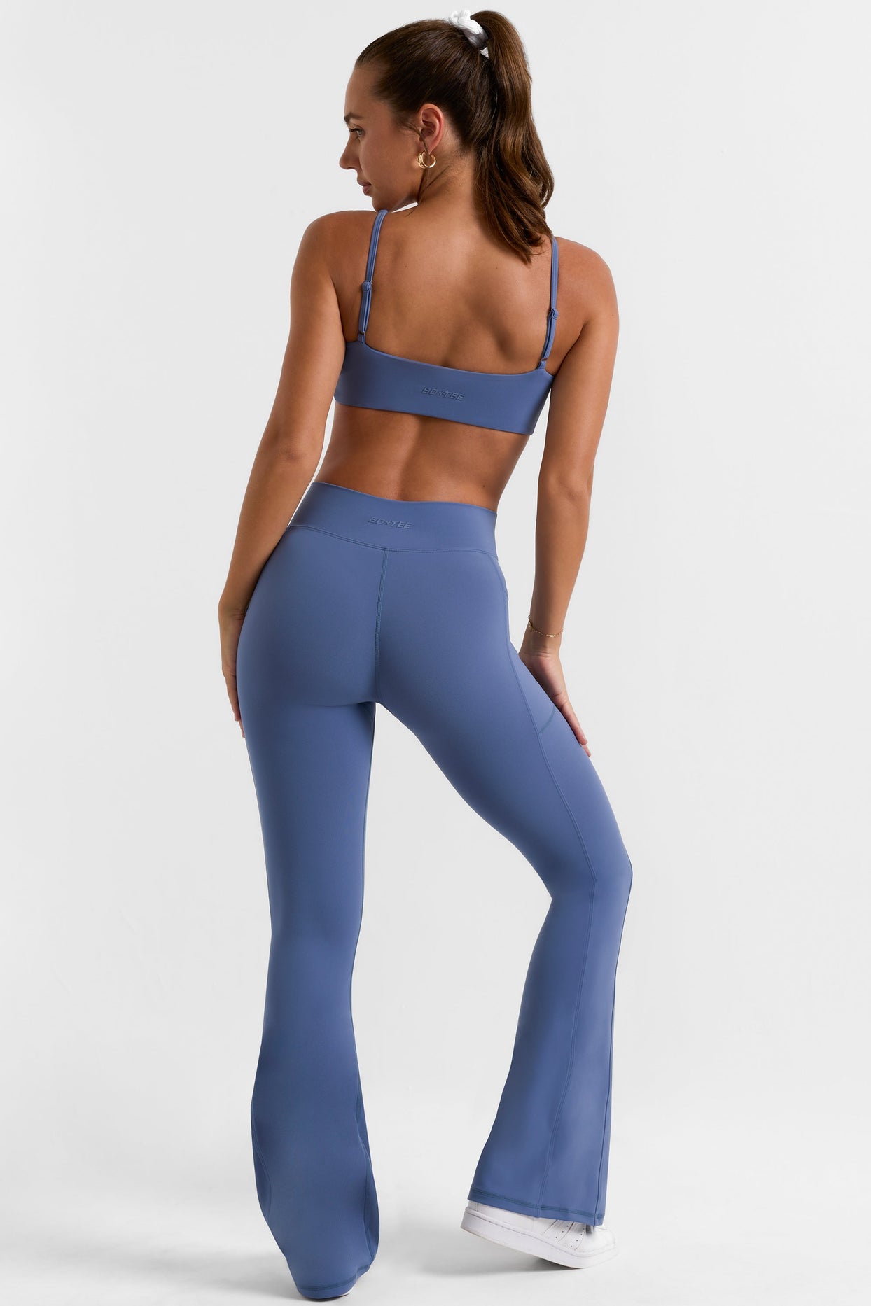 Cross Waistband Flare Pocket Leggings in Slate Blue