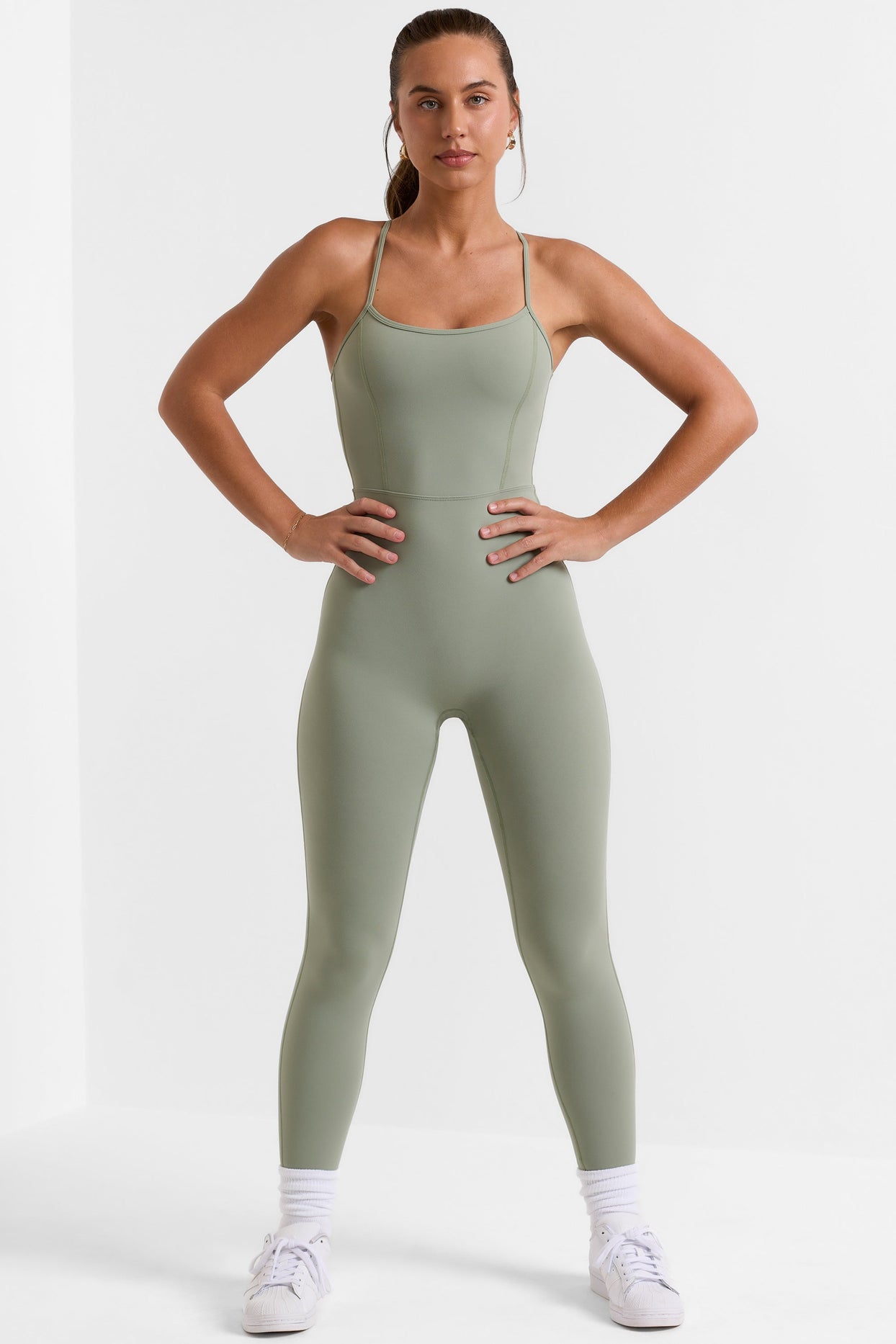 Petite Open Back Full Length Unitard in Bamboo Green