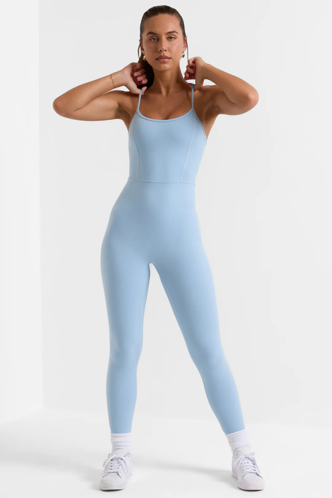 Open Back Full Length Unitard in Ice Blue