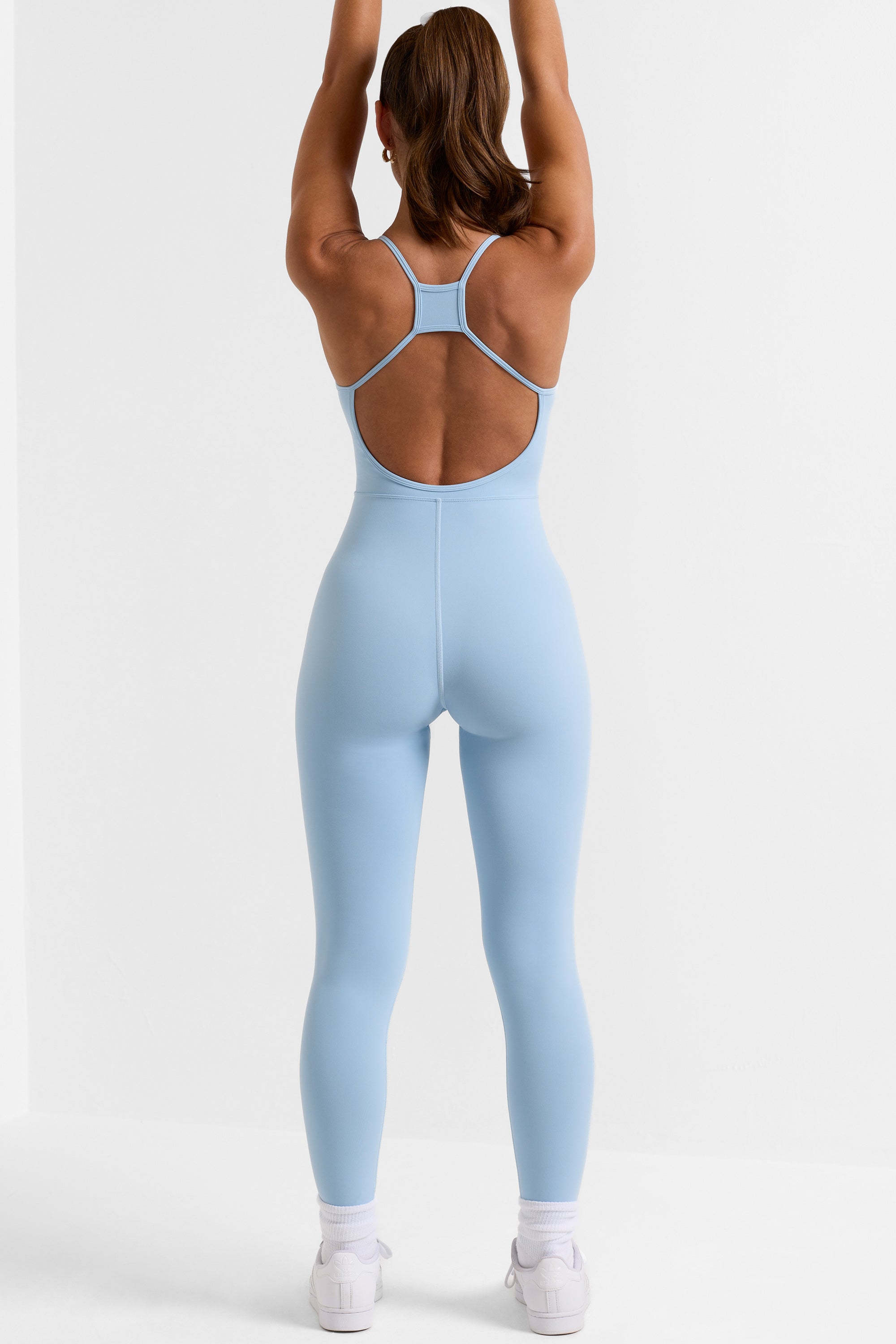 Petite Open Back Full Length Unitard in Ice Blue