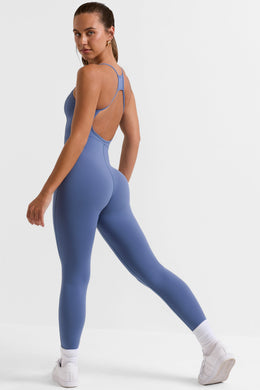 Petite Open Back Full Length Unitard in Slate Blue