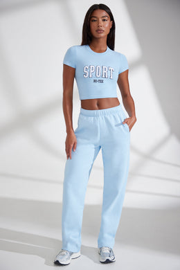 Petite Wide Leg Embroidered Back Joggers in Baby Blue