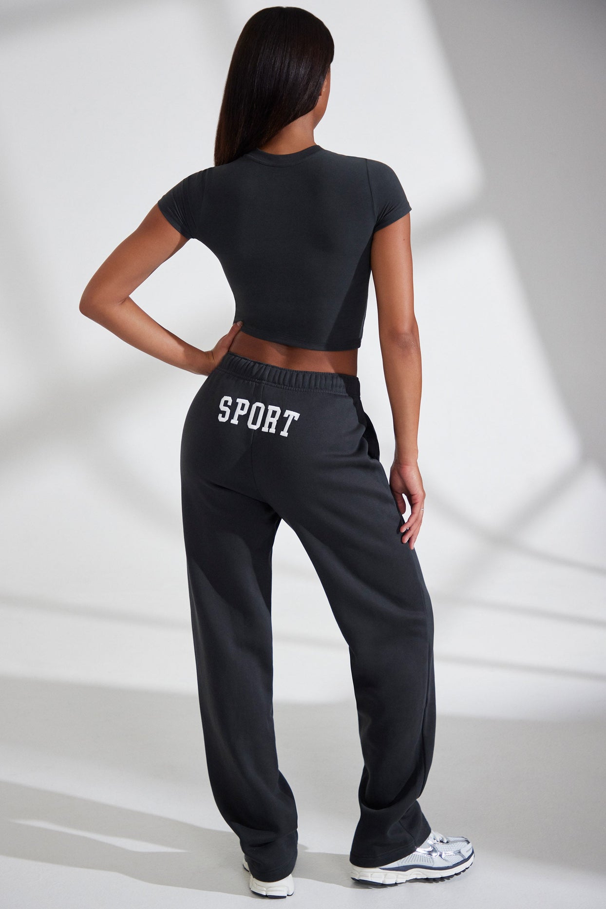 Wide Leg Embroidered Back Joggers in Black