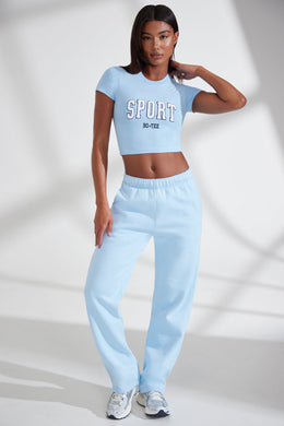 Petite Wide Leg Embroidered Back Joggers in Baby Blue