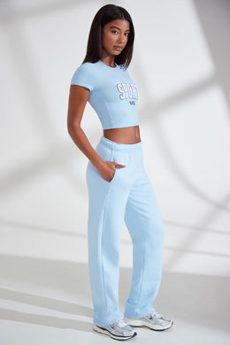 Wide Leg Embroidered Back Joggers in Baby Blue