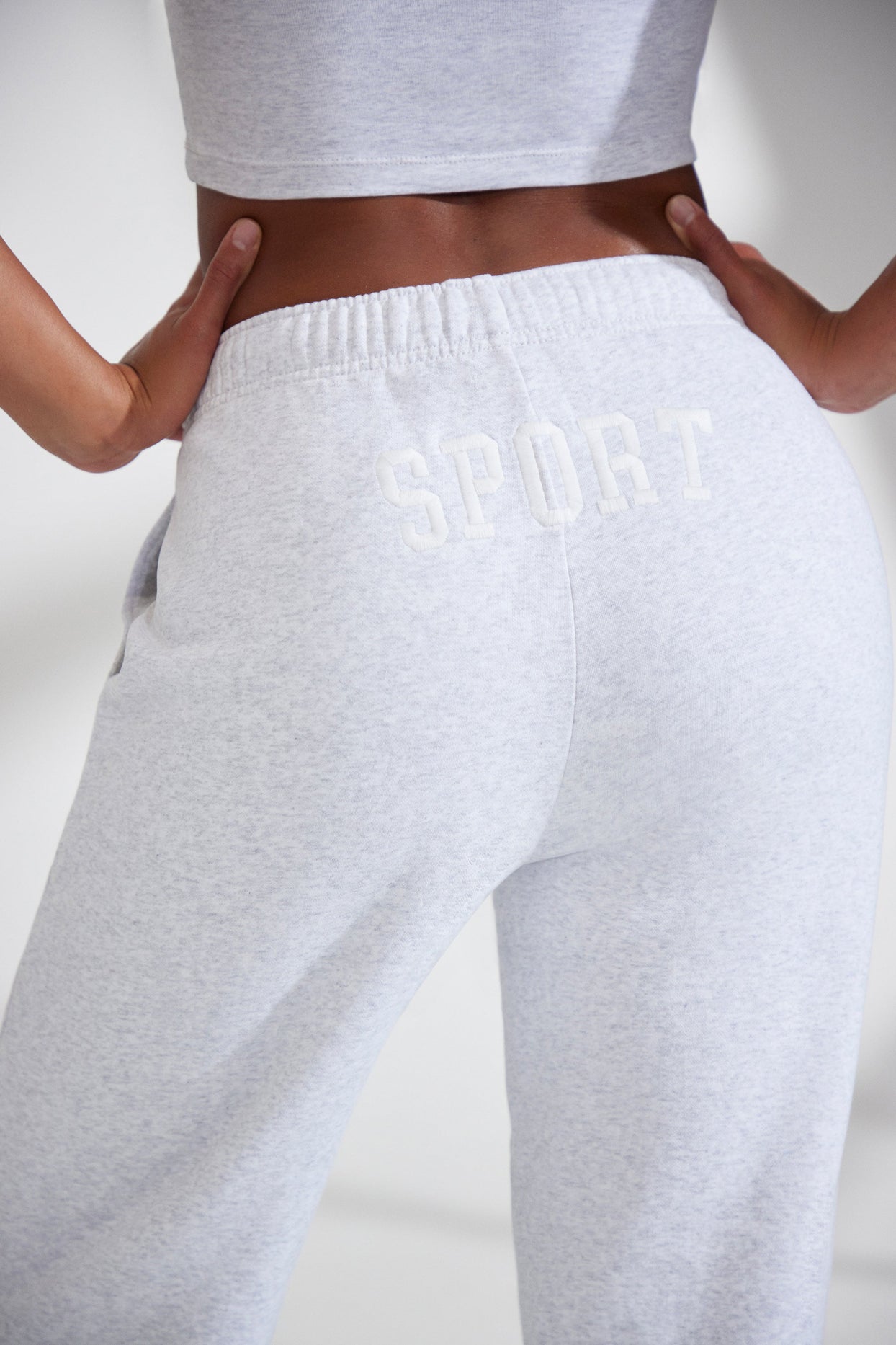 Wide Leg Embroidered Back Joggers in Heather Grey