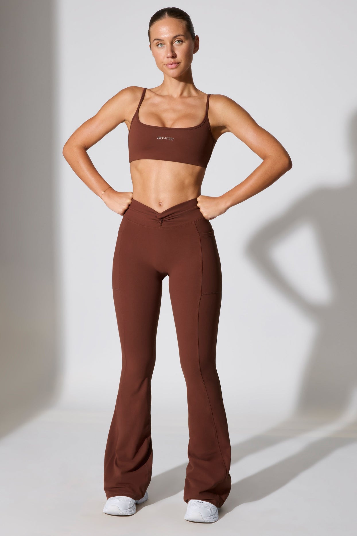 Petite Twist Waist Flare Leggings in Chocolate