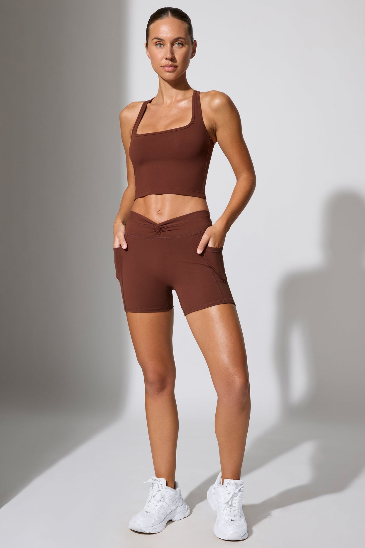 Twist Waist Mini Shorts with Pockets in Chocolate