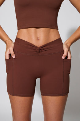 Twist Waist Mini Shorts with Pockets in Chocolate