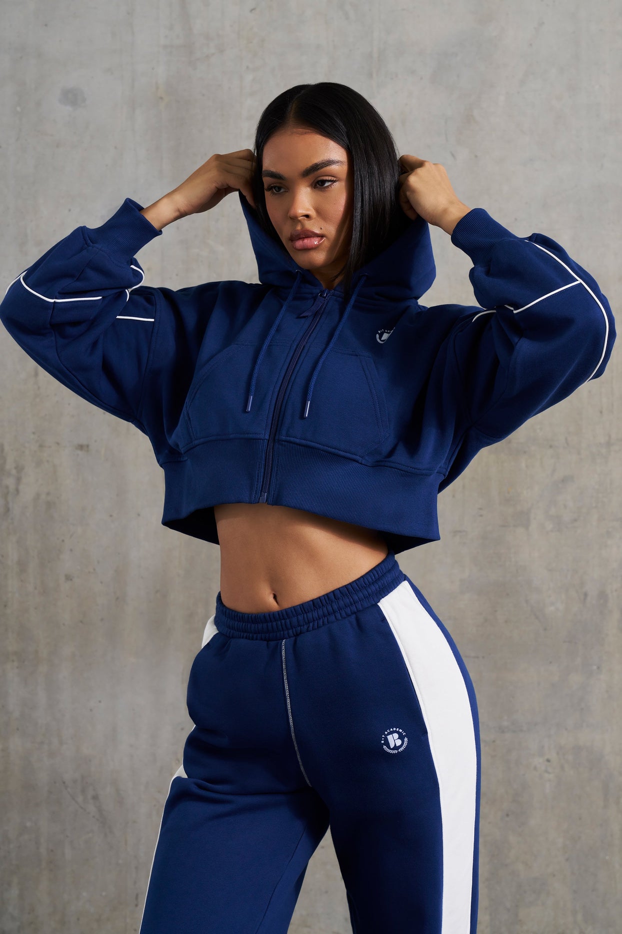 Waffle Lined Cropped Zip Up Hooded Jacket in Navy