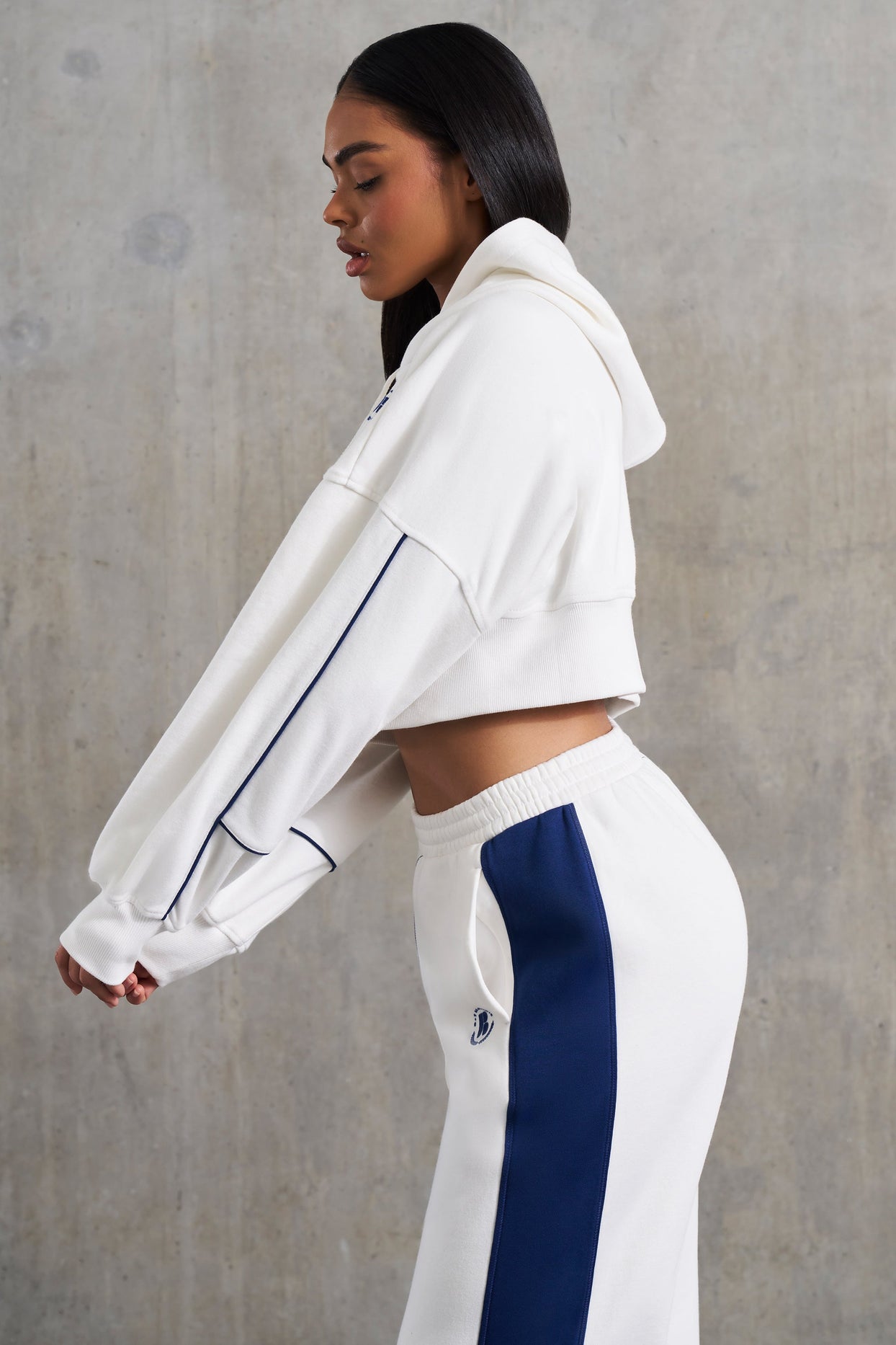 Waffle Lined Cropped Zip Up Hooded Jacket in White