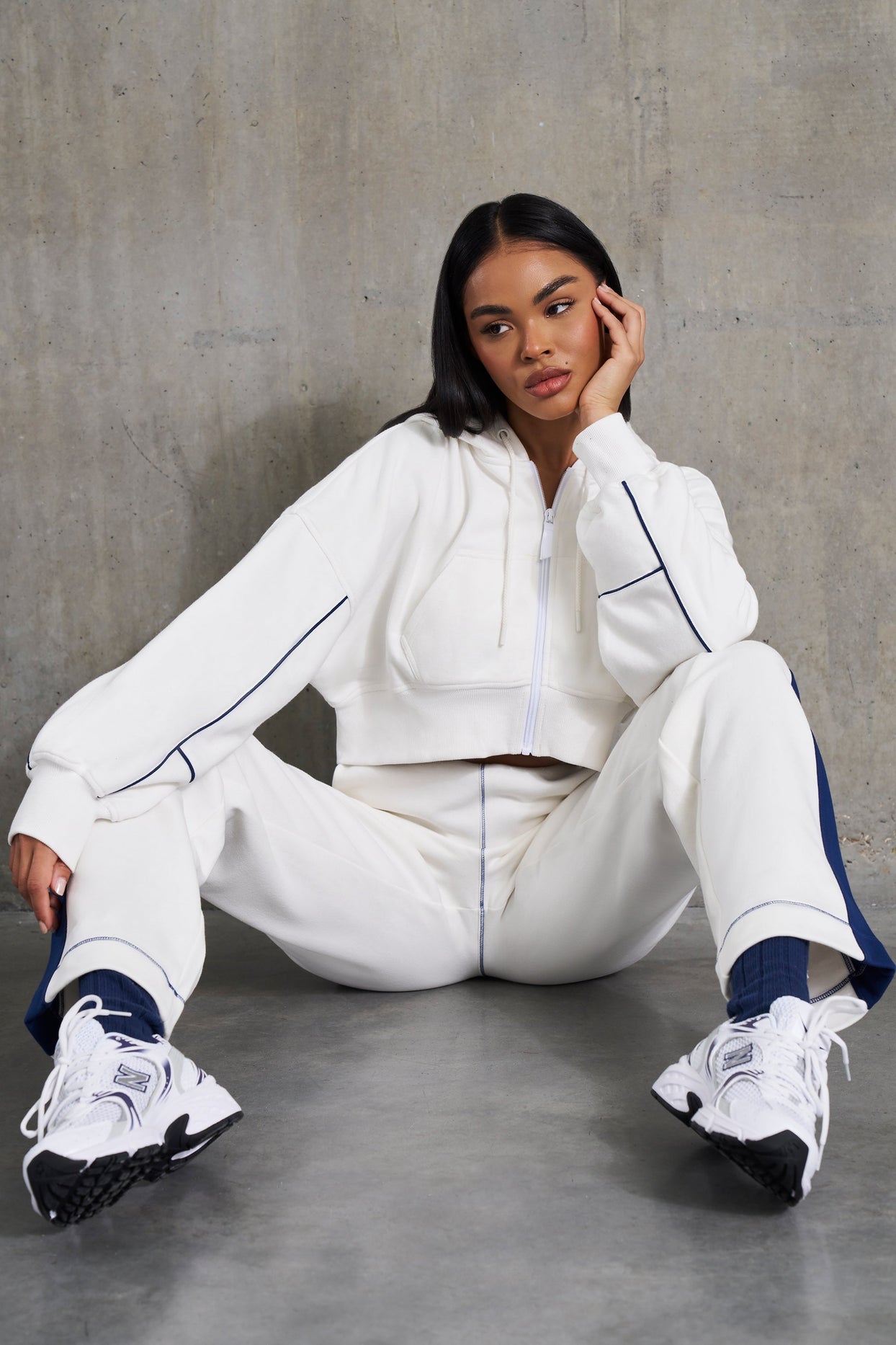 Waffle Lined Cropped Zip Up Hooded Jacket in White