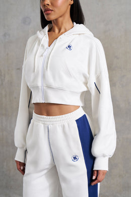 Waffle Lined Cropped Zip Up Hooded Jacket in White