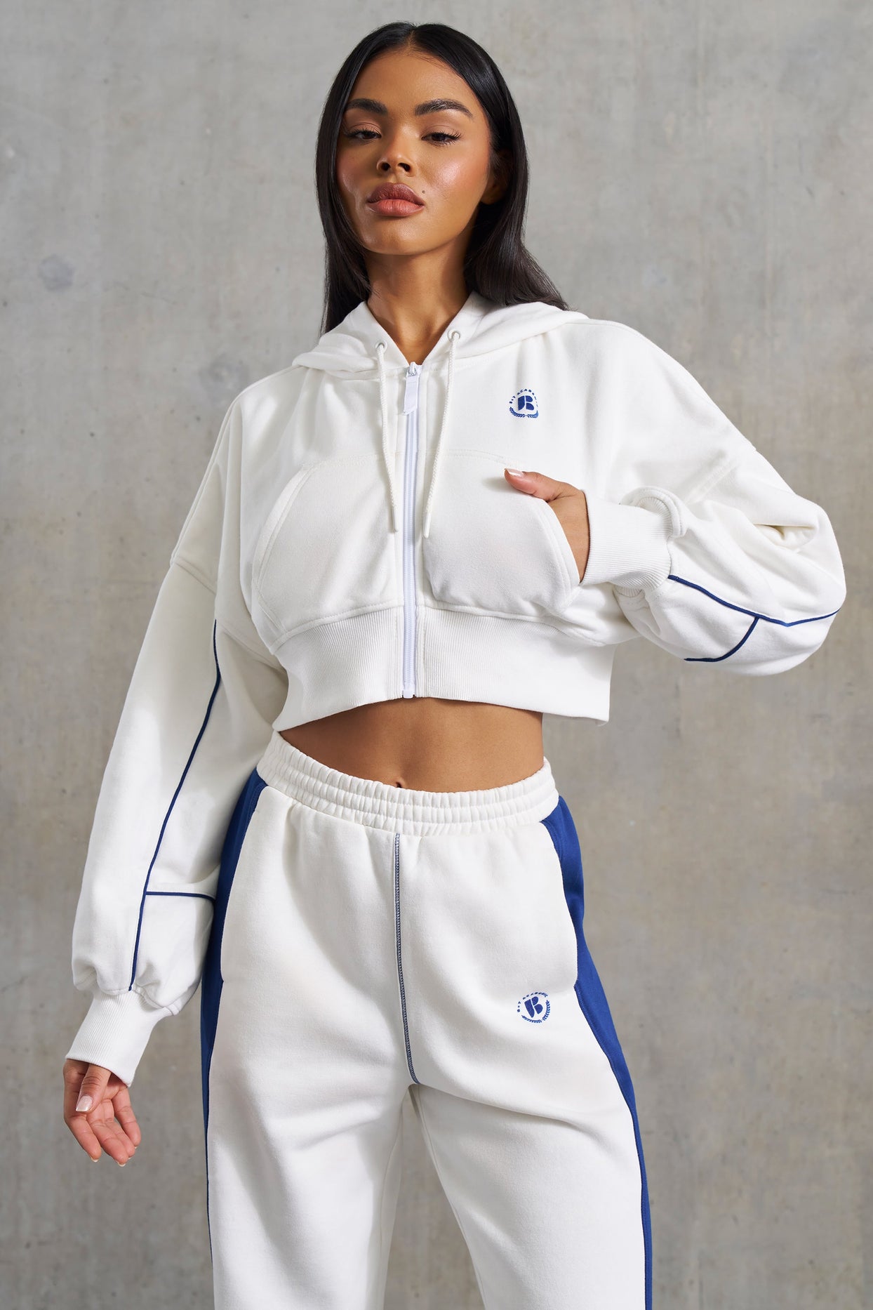 Waffle Lined Cropped Zip Up Hooded Jacket in White