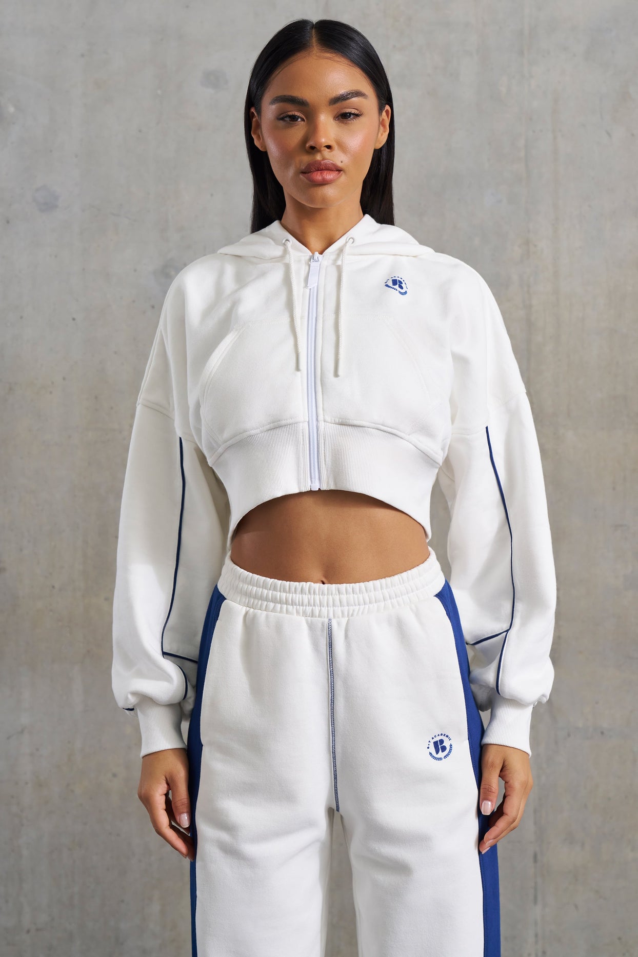 Waffle Lined Cropped Zip Up Hooded Jacket in White