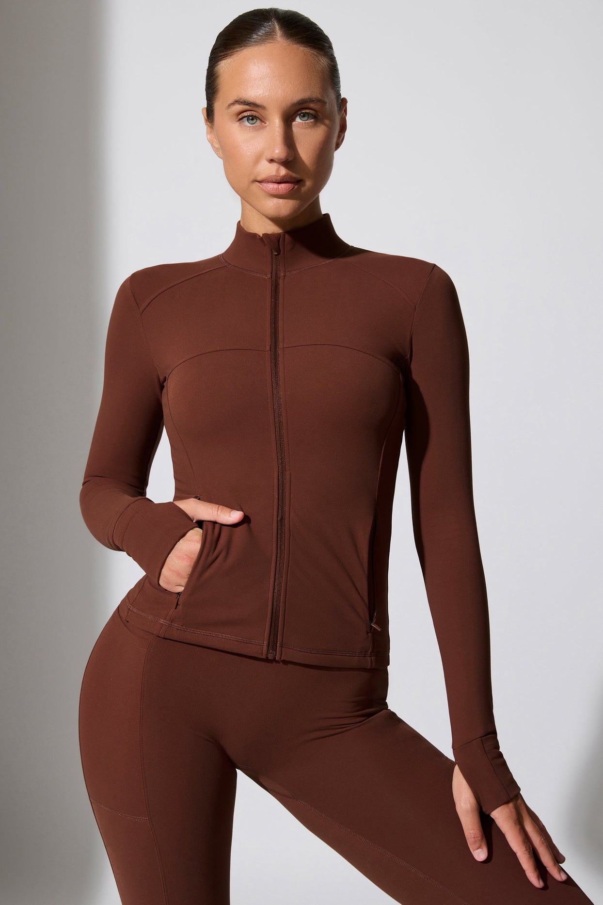 Long Sleeve Zip Up Jacket in Chocolate