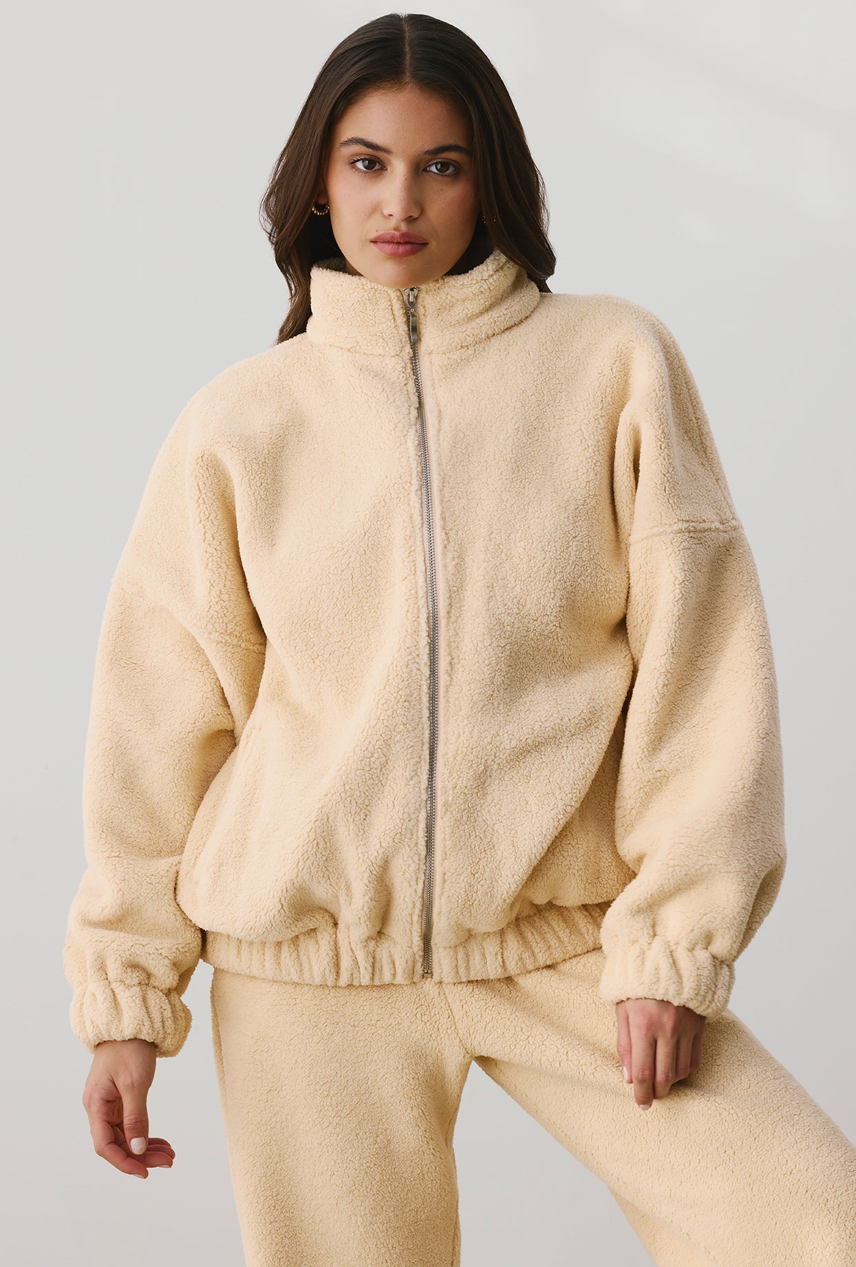 Oversized Fleece Zip Up Jacket in Cashmere