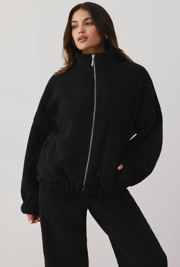 Oversized Fleece Zip Up Jacket in Onyx
