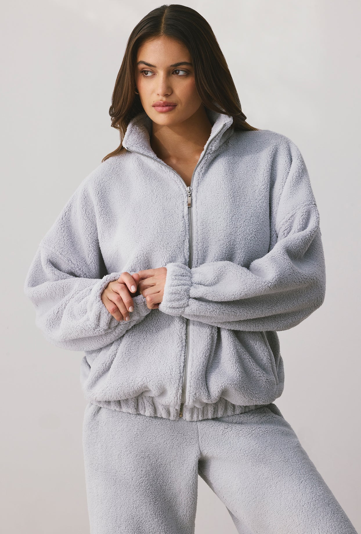 Oversized Fleece Zip Up Jacket in Fog